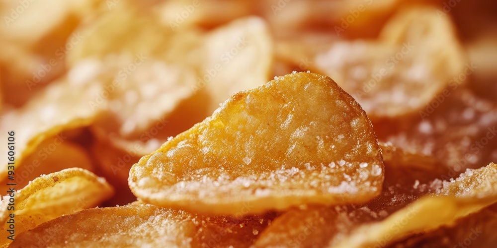 Close-up of crispy golden potato chips with a rich texture and warm lighting, ideal for food-related designs focusing on snacks, comfort food, and indulgence.