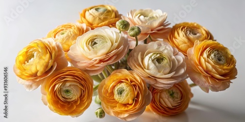 Delicate peach ranunculus flowers with soft, layered petals and golden centers bloom in a lush bouquet against a creamy white background. photo