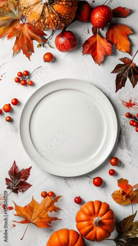 white plate on autumn background with pumpkins.