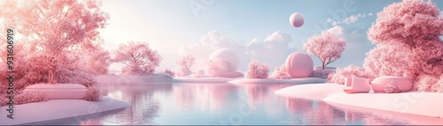 A serene landscape showcasing a pastel-hued sky, tranquil water, and whimsical trees, creating a dreamlike atmosphere. photo