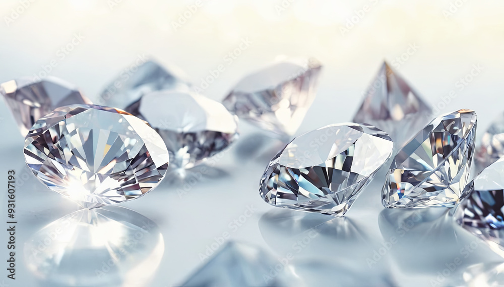 Various diamonds scatter across a glossy surface, catching and reflecting light, showcasing their brilliance and unique shapes Various diamonds scatter across a glossy surface, catching and reflecting light, showcasing their brilliance and unique shapes
