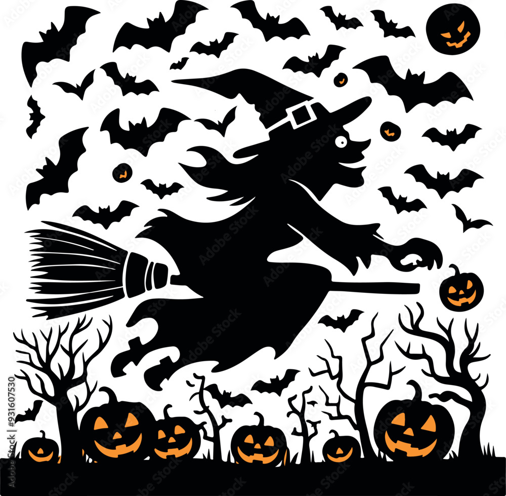 Fototapeta premium halloween background vector style silhouette with pumpkin and bats 