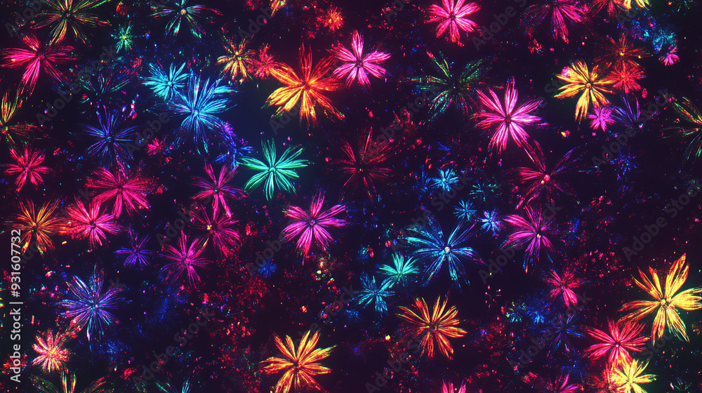A seamless pattern with minimalistic holographic fireworks - Glowing neon rainbow background. A seamless pattern with minimalistic holographic fireworks - Glowing neon rainbow background.