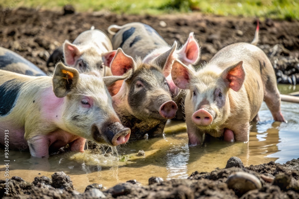 Adorable pigs wallow in a muddy pool, their tiny snouts and curly tails on display, as they oink and playfully nudge each other in joyful abandon. Adorable pigs wallow in a muddy pool, their tiny snouts and curly tails on display, as they oink and playfully nudge each other in joyful abandon.