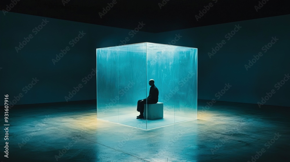 An abstract depiction of a lonely, imprisoned individual in a glass box An abstract depiction of a lonely, imprisoned individual in a glass box
