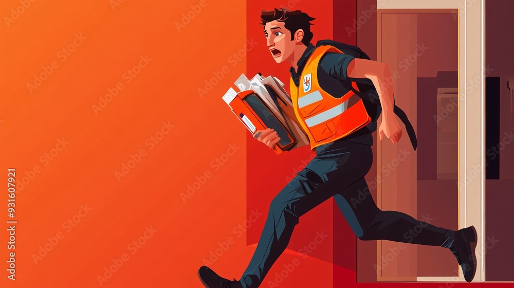 Illustrator style, paramedic carrying a medical kit, wearing an orange ...