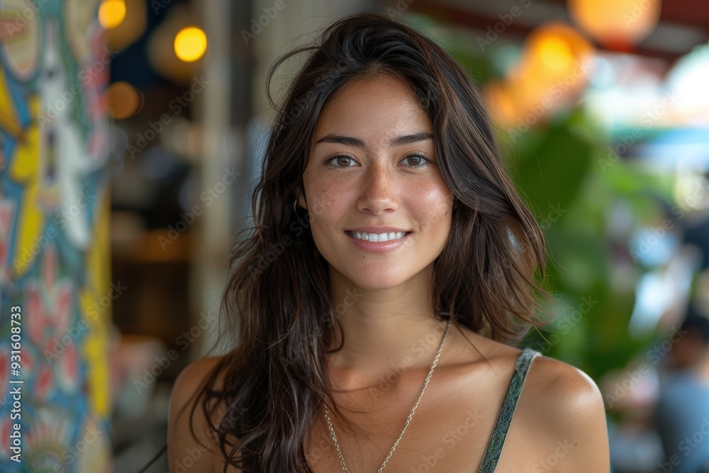 A beautiful young woman with long, wavy hair and a warm smile standing against a vibrant, colorful background in an outdoor setting A beautiful young woman with long, wavy hair and a warm smile standing against a vibrant, colorful background in an outdoor setting