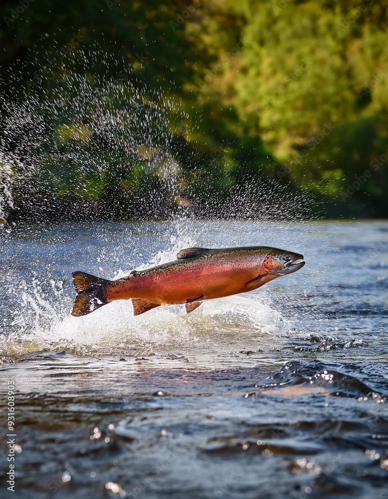 Fototapeta premium A powerful salmon leaps energetically from the sparkling river, showcasing its strength