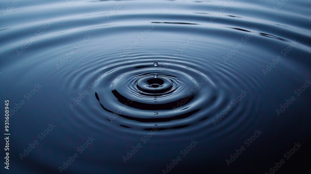 Minimalist scene of a clean water drop creating expanding circles on a dark blue still surface of the lake Minimalist scene of a clean water drop creating expanding circles on a dark blue still surface of the lake