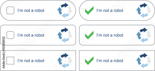 Captcha. Im Not a Robot. Robot verification recaptcha. Captcha with buttons for start testing. Computer random captcha test. Vector illustration.