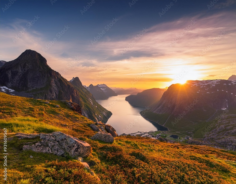custom made wallpaper toronto digitalmountain landscape in summer with sunset in the background, norwegian fjords inspiration