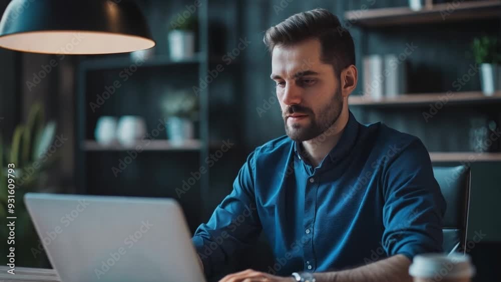 Young professional man working at modern desk in a coworking space. Young professional man working at modern desk in a coworking space.