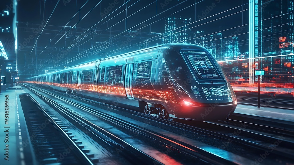 Fototapeta premium A futuristic transportation network featuring maglev trains and digital route displays 