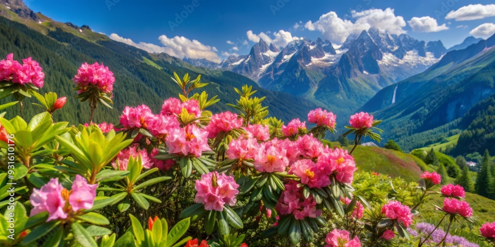 Obraz premium Vibrant pink rhododendron flowers bloom amidst lush green foliage, carpeting a serene summer mountain landscape with gentle slopes and majestic peaks in the background.
