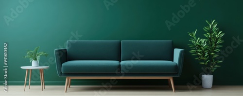 Minimalist living room interior with green sofa and plants against a matching green wall.