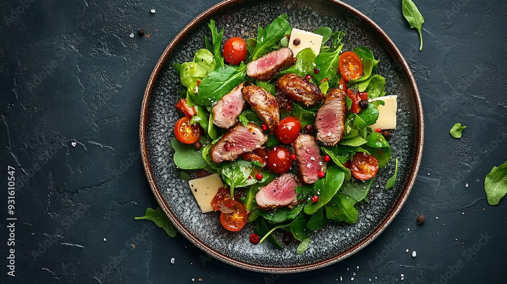 A fresh vegetable salad with chicken liver, including salad leaves served on a plate. Top view of a diet-friendly meal. --ar 16:9 --v 6.1 Job ID: dbb21f6f-71ae-48f8-a321-314a01a98c52 A fresh vegetable salad with chicken liver, including salad leaves served on a plate. Top view of a diet-friendly meal. --ar 16:9 --v 6.1 Job ID: dbb21f6f-71ae-48f8-a321-314a01a98c52
