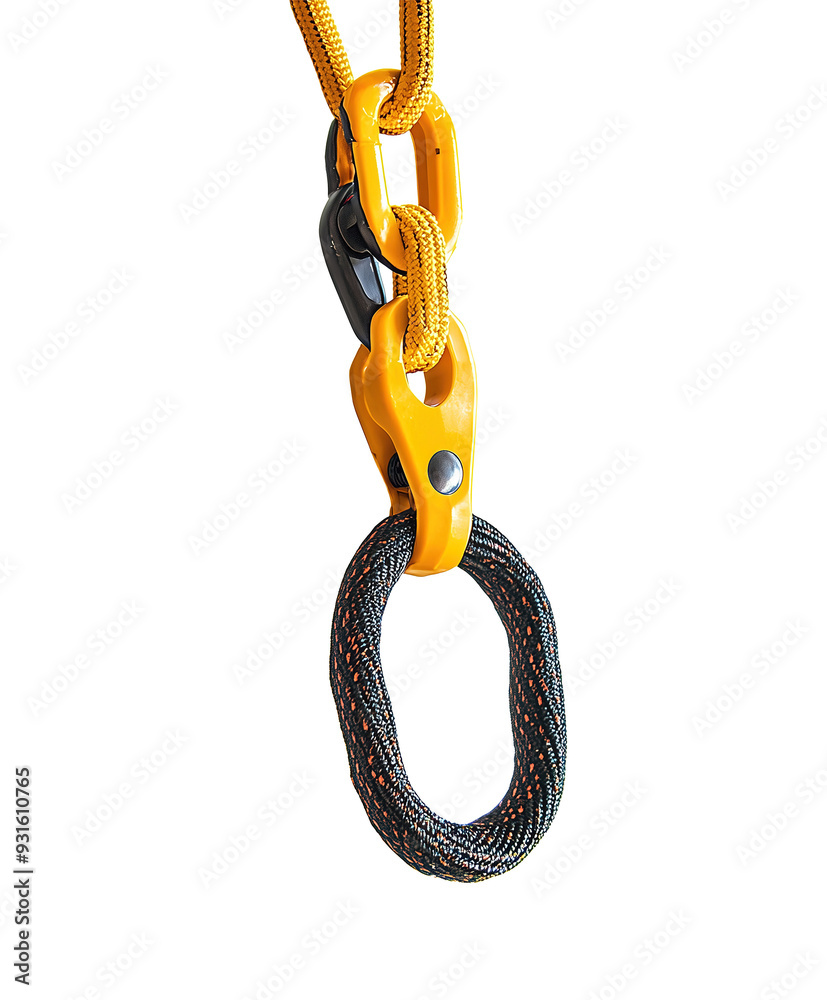 Obraz premium PNG Close-up of a yellow climbing carabiner with a looped rope, showcasing sturdy equipment for outdoor adventure.