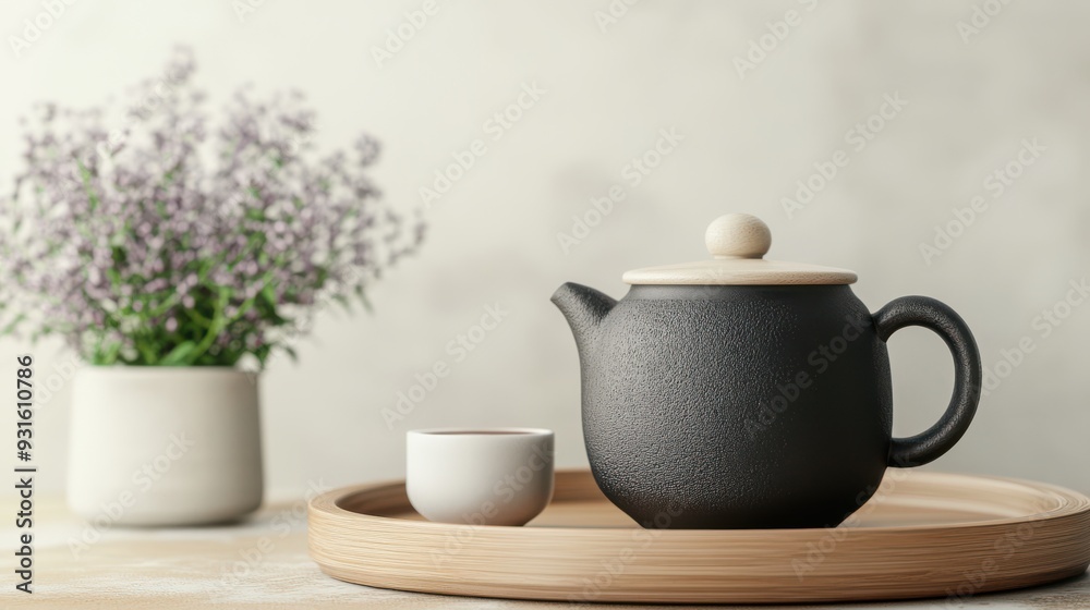 Fototapeta premium Minimalist tea set with black teapot and cup on wooden tray, with lavender plant in background.