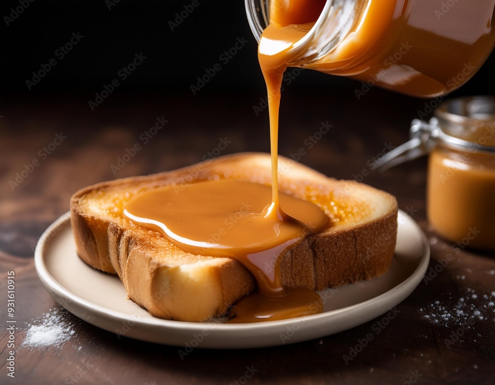 Close-up of a jar of dulce de leche with a spoonful drizzling over a slice of warm toast