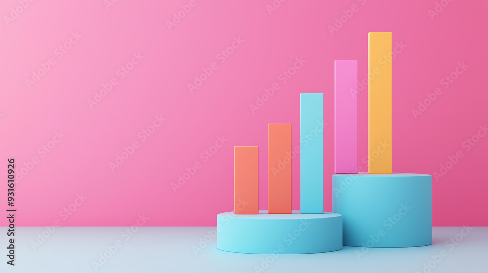 Colorful bar graph representation on a pink background, symbolizing growth and progress in a modern and vibrant design. Colorful bar graph representation on a pink background, symbolizing growth and progress in a modern and vibrant design.