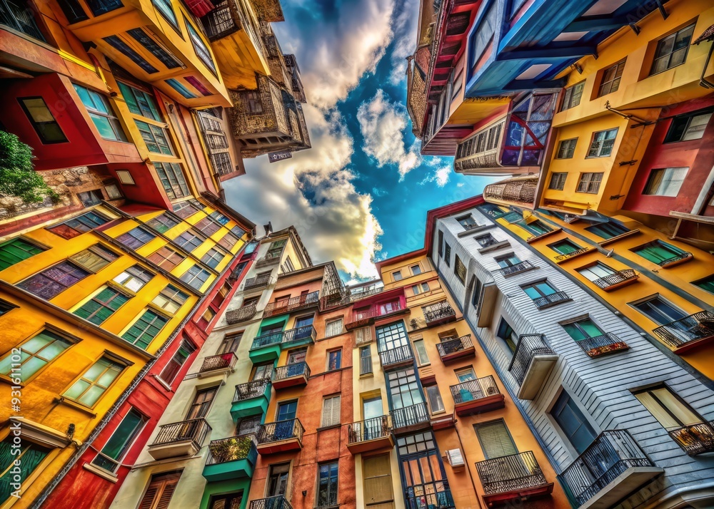 Fototapeta premium stunning, low-angle photograph of a vibrant cityscape, capturing diverse architectural styles, bold colors, and abstract patterns, celebrating urban diversity