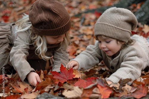 Two children playing in the autumn leaves, one girl with blonde hair wearing a brown beanie, another boy toddler holding a red maple leaf wearing a grey sweater and a beige knit hat.