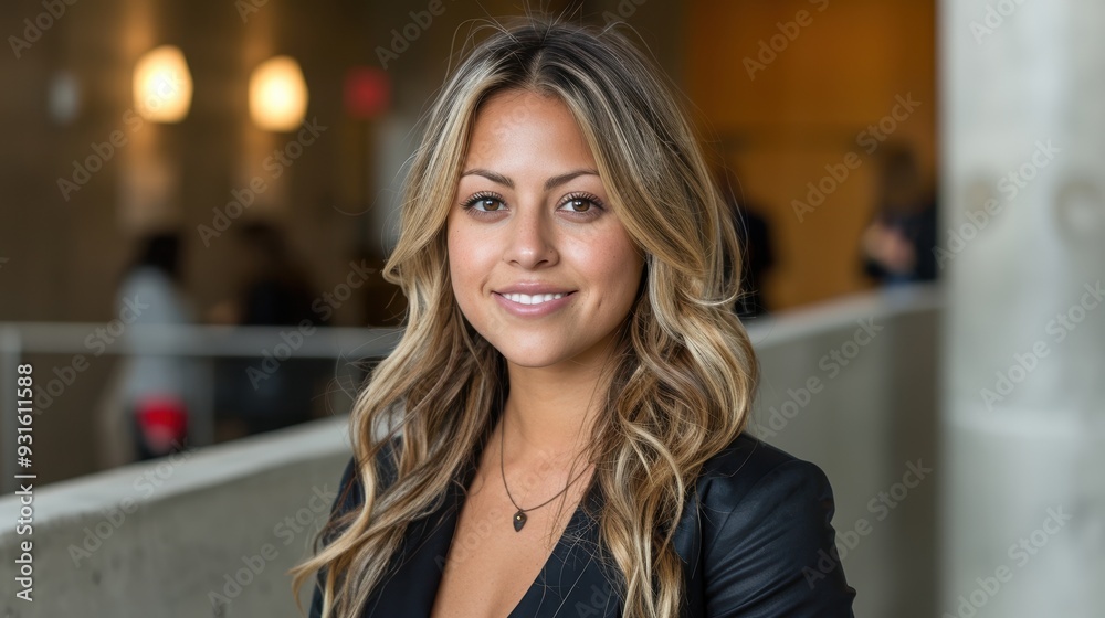 Portrait of a young woman with blonde wavy hair in a black blazer smiling confidently while standing indoors with a soft-focus background Portrait of a young woman with blonde wavy hair in a black blazer smiling confidently while standing indoors with a soft-focus background