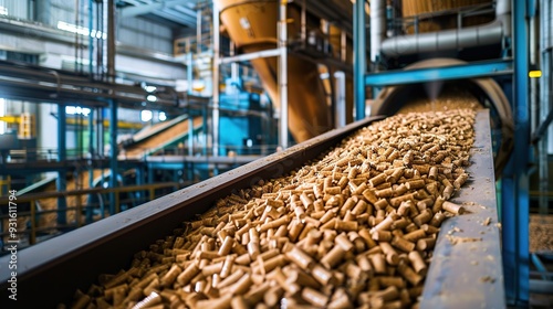 A conveyor belt transporting wood pellets in an industrial facility.