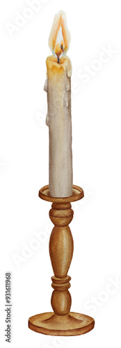 Watercolor vintage bronze candlestick with burning old candle. Antique metal candlestick with burning candle