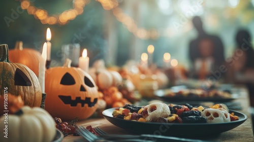 Delightful Halloween Dinner Table Decorated with Spooky Treats and Flickering Candles for a Festive Gathering photo