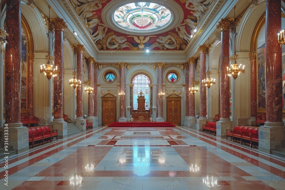 Fototapeta premium A spectacularly ornate interior view of a grand cathedral hall featuring intricate stained glass windows, polished marble floors, lavish chandeliers, and red upholstered seating