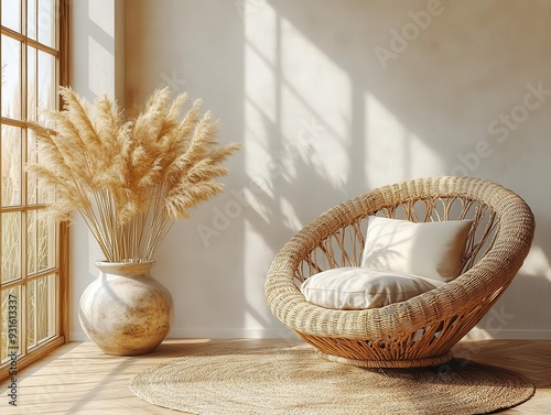 bohochic room corner empty beige wall with wicker armchair ceramic vase soft natural light minimalist decor warm inviting interior design photo