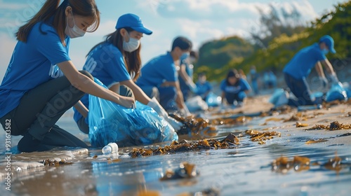 Plastic pollution and environmental problem concept Happy asian diverse group of volunteers with garbage bags wearing blue tshirt and cleaning plastic on the beach Volunteers collectin : Generative AI photo