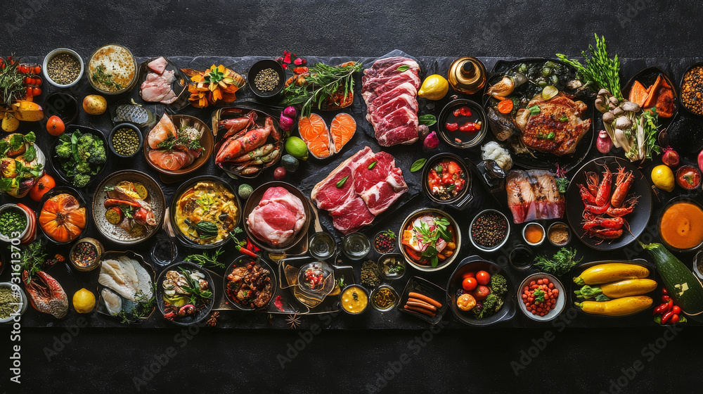 A large photo collage featuring dishes of meat, fish, vegetables, and fruits, set against a black stone background. Banner style. --ar 16:9 --v 6.1 Job ID: ce561787-a055-4582-9425-fc6fe979e624 A large photo collage featuring dishes of meat, fish, vegetables, and fruits, set against a black stone background. Banner style. --ar 16:9 --v 6.1 Job ID: ce561787-a055-4582-9425-fc6fe979e624