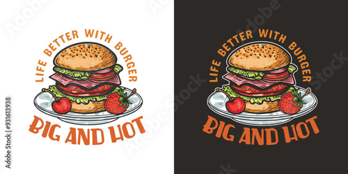 Big and hot Burger vintage hand-drawn logo design vector for restaurant or cafe photo