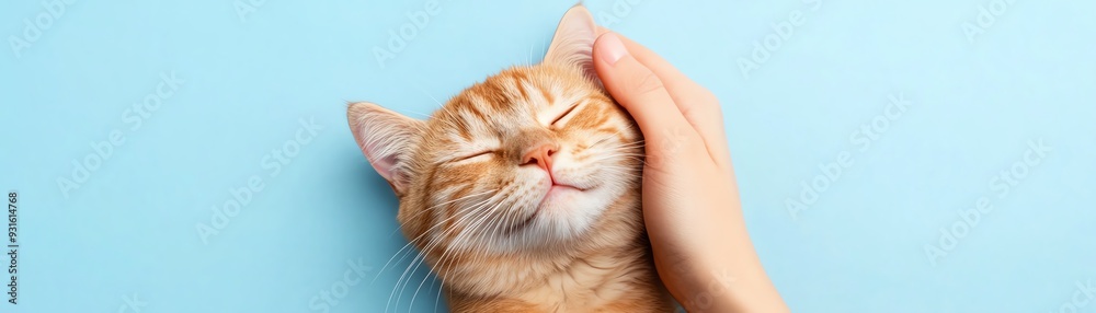 A playful orange cat enjoys gentle petting against a soft blue background, conveying joy and affection. A playful orange cat enjoys gentle petting against a soft blue background, conveying joy and affection.
