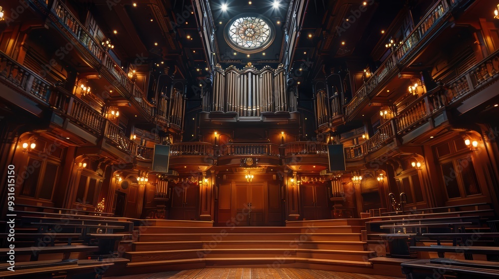 Obraz premium A captivating view of an ornate, historic concert hall interior showcasing its grand architecture and intricate woodwork under warm ambient lighting