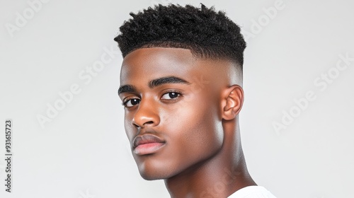 A Boosie fade haircut styled with a slight texture on top, showing the transition from the longer top to the faded sides, white background  photo