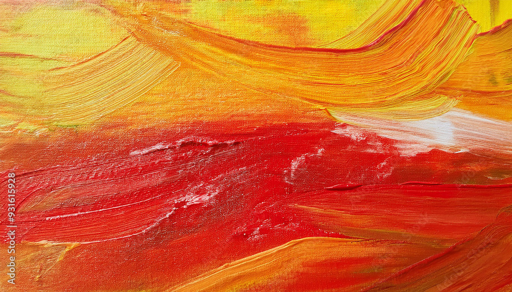 Abstract red and yellow acrylic surface. Oil painting texture on canvas. Hand painted