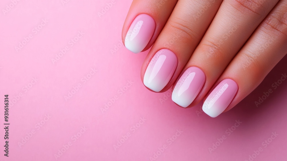 A soft French manicure with subtle white tips on short, rounded nails, set against a pastel gradient background with empty space A soft French manicure with subtle white tips on short, rounded nails, set against a pastel gradient background with empty space