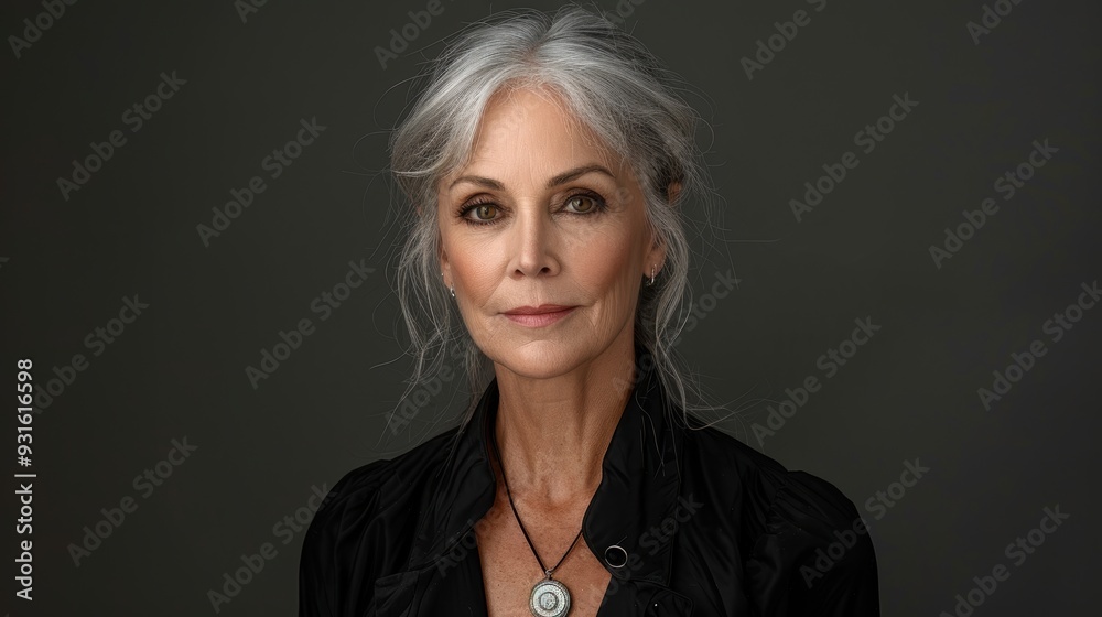 A dignified older woman with silver hair and piercing eyes looks directly at the camera, conveying grace and wisdom in a minimalist portrait A dignified older woman with silver hair and piercing eyes looks directly at the camera, conveying grace and wisdom in a minimalist portrait