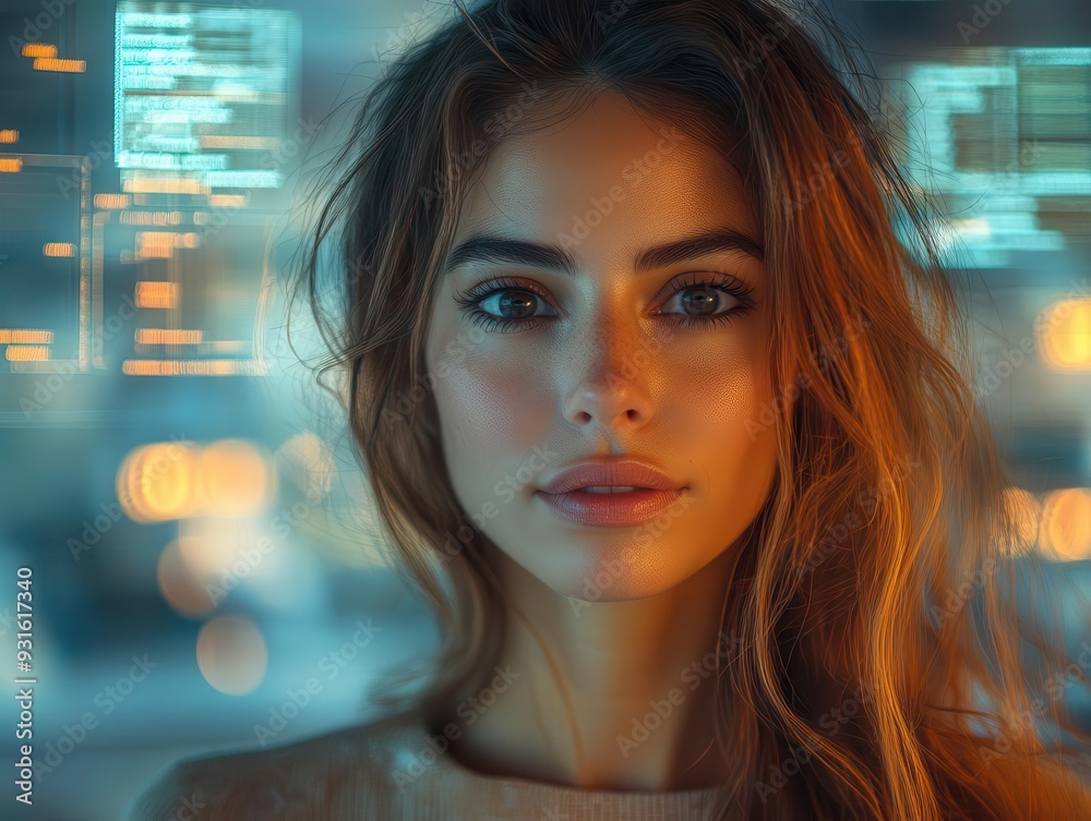 confident latina businesswoman in modern office holographic screens floating around her warm lighting accentuating determined expression cityscape view confident latina businesswoman in modern office holographic screens floating around her warm lighting accentuating determined expression cityscape view