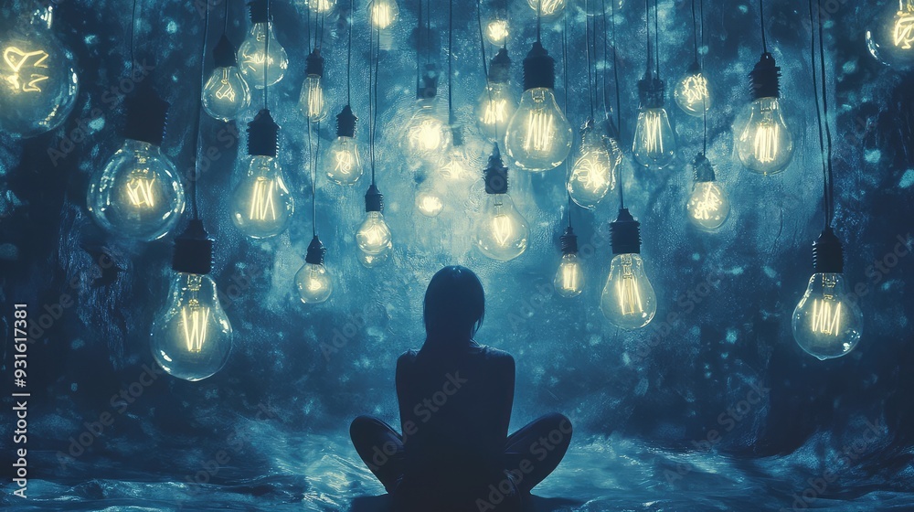 A person sitting in deep thought, surrounded by floating, frozen ideas in the form of light bulbs. A person sitting in deep thought, surrounded by floating, frozen ideas in the form of light bulbs.