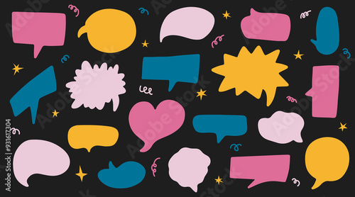 Set of colorful speech bubbles. Dialogue box in doodle style with stars. Text boxes for chats and games. Collection of hand drawn comic speech bubble. Various talk balloon shapes in retro 90's style