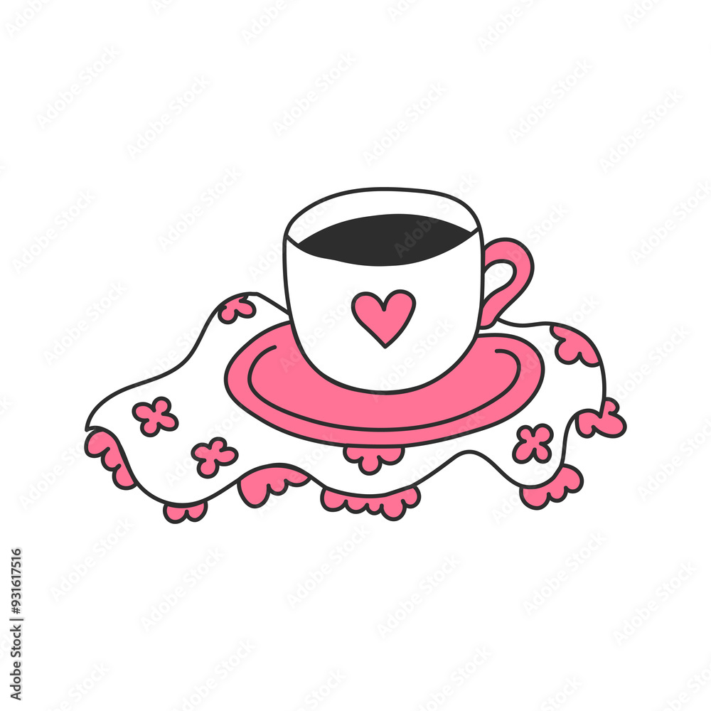 Cup with saucer on Openwork Napkin. Elegant Coffee or Tea drink on Coquette textile, decorated with flowers and ruffles. Hand drawn outline vector illustration in doodle style Cup with saucer on Openwork Napkin. Elegant Coffee or Tea drink on Coquette textile, decorated with flowers and ruffles. Hand drawn outline vector illustration in doodle style