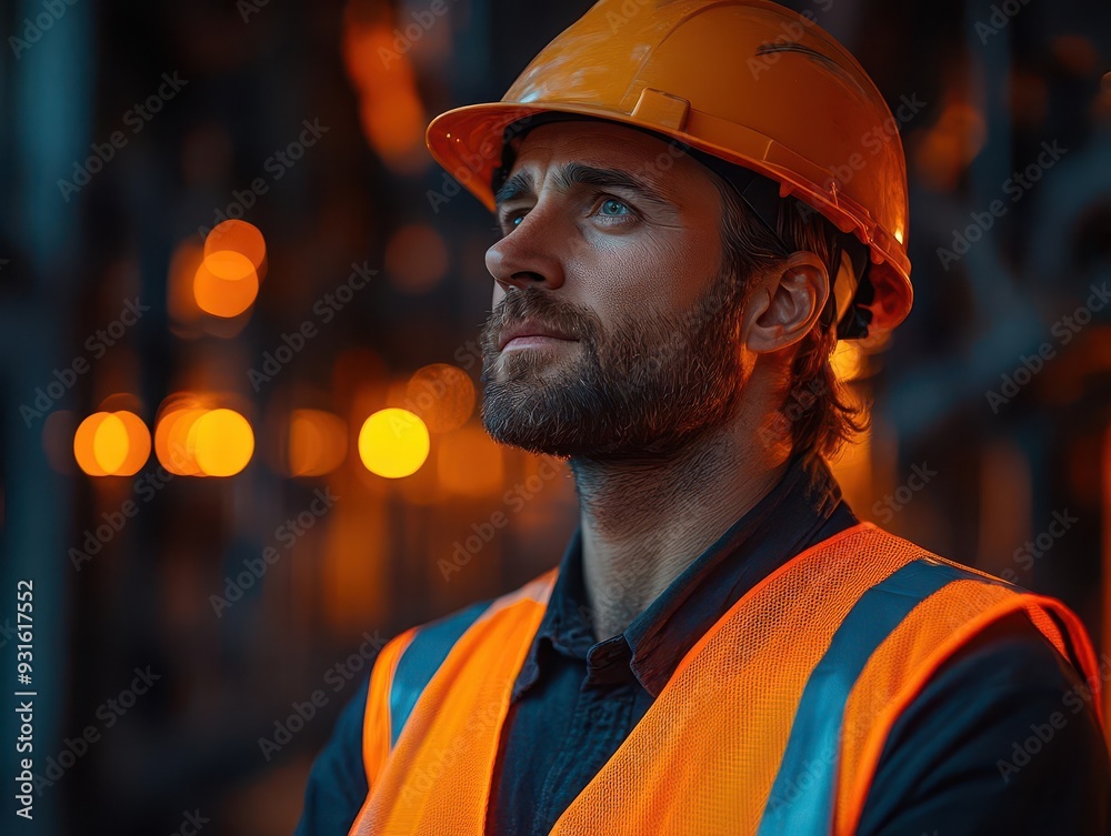 construction worker surveys site hard hat in hand highvisibility vest glows against muted background contemplative pose focus on safety industrial setting soft lighting