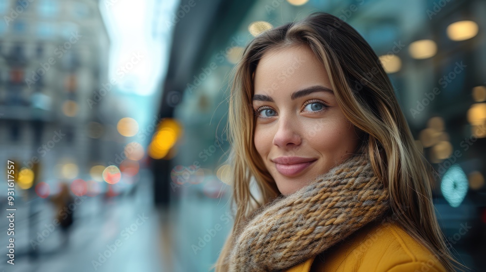 A young woman with blond hair wearing a cozy scarf and yellow coat smiles warmly while standing on a city street with blurred background lights A young woman with blond hair wearing a cozy scarf and yellow coat smiles warmly while standing on a city street with blurred background lights