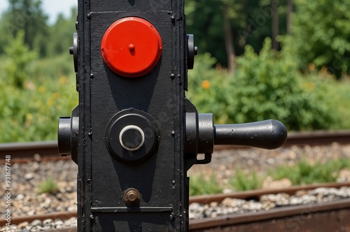 Wallpaper Mural Hand-operated vintage railroad switch with lever, weight and signal closeup Torontodigital.ca