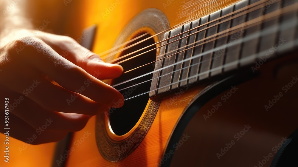 Fototapeta premium A musician fingers paused above the strings of a guitar, symbolizing a moment of creative pause.