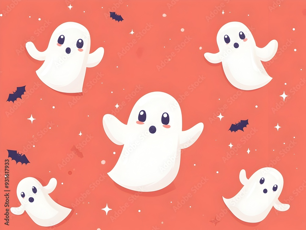 Cute and Cheerful Cartoon Ghost Characters Forming a Halloween Banner Background with Patterns